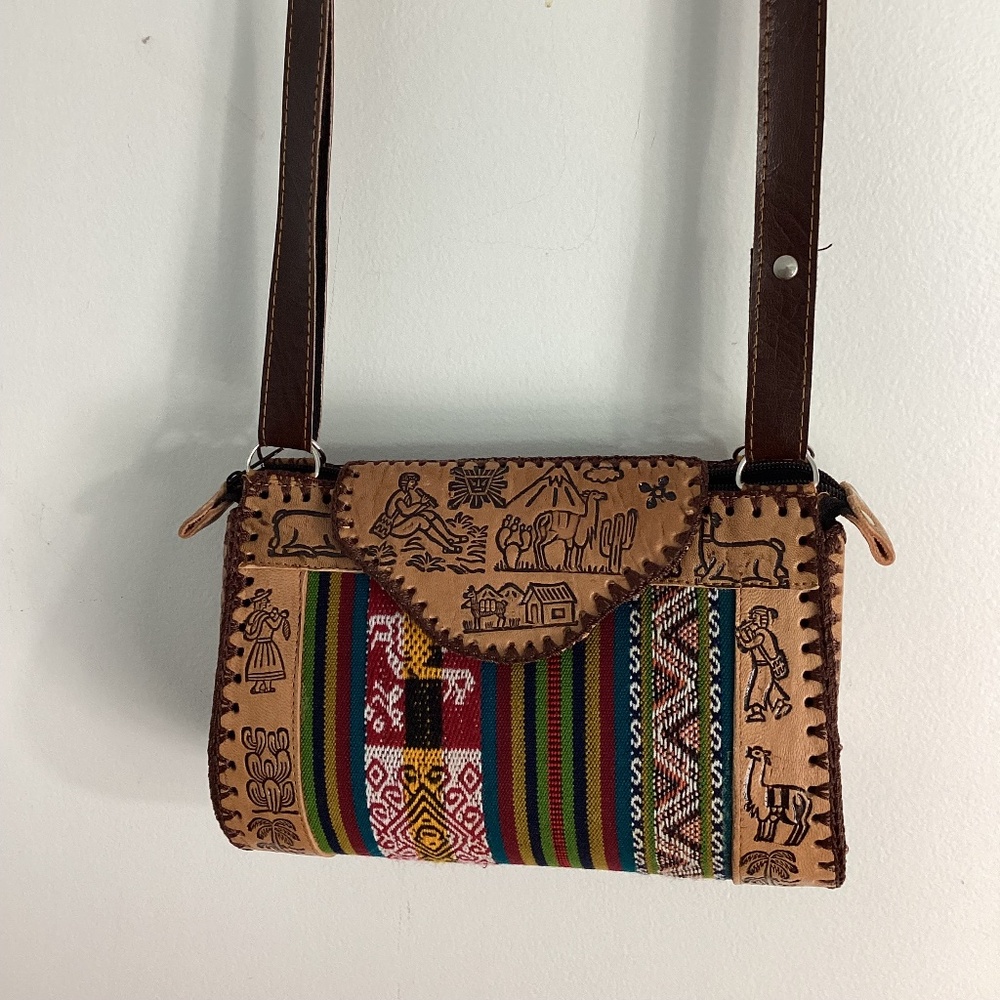 Peruvian Leather Hand Tooled Tribal/Llama Earth Crossbody Adjustable Strap Purse
